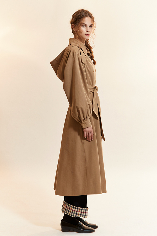shirring-sleeve hooded trench coat_beige