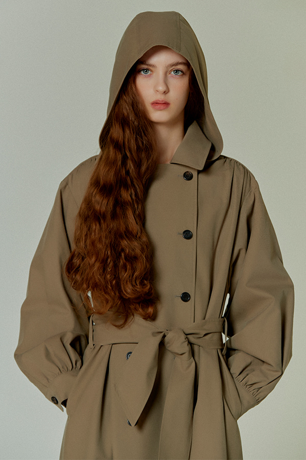 shirring-sleeve hooded trench coat_mocha brwon